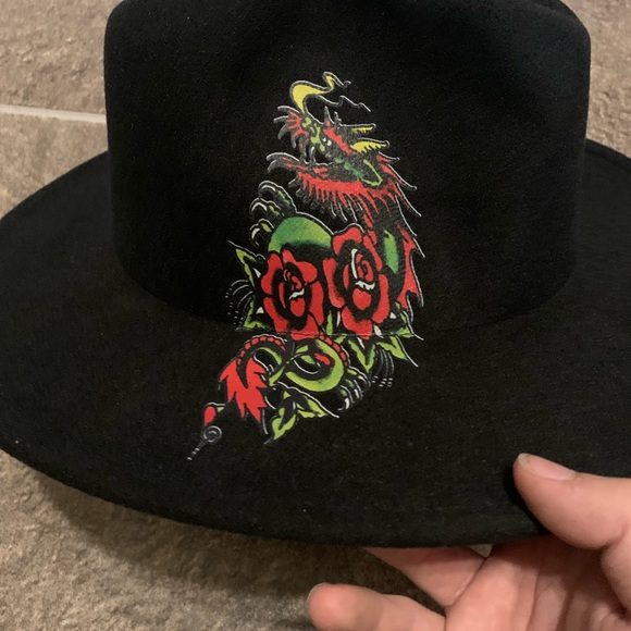 Ed Hardy Fedora Top Hat Black Love Kills Slowly Skull Tattoo Rose Dragon Cowboy - Picture 4 of 8